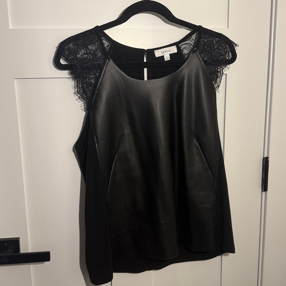 Gorgeous vegan leather mixed media lace cap sleeve top